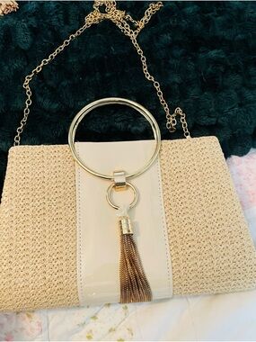 Neutral Straw Crossbody Bag with Gold Ring & Tassel